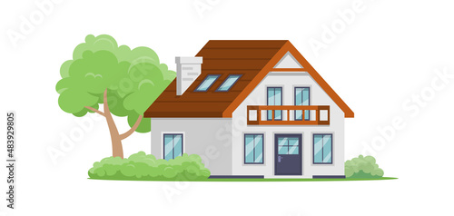 Cozy two storey suburban house with wooden roof balcony veranda isometric vector illustration. Comfortable family countryside home with summer garden yard. Cottage street facade with door window