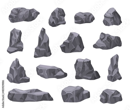 Cartoon stones. Stone pile, rocks pieces. Broken rock, giant grey boulder. Graphic materials, isolated 3d gravel and cracked mountains exact vector set