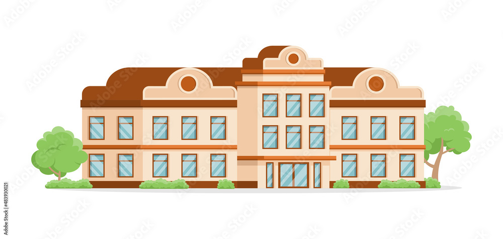 Vintage tree storey municipal building with city garden park isometric vector illustration. Classic ornamental government department architecture school college university facade with door and windows