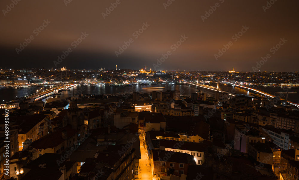 Naklejka premium Night panorama of Istanbul. View of the city at night from the Galata Tower