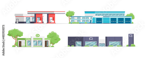Collection modern building city customer service shop isometric vector illustration. Set of town street facade pharmacy, fuel gas station, car washing, automobile retail salon with summer garden park