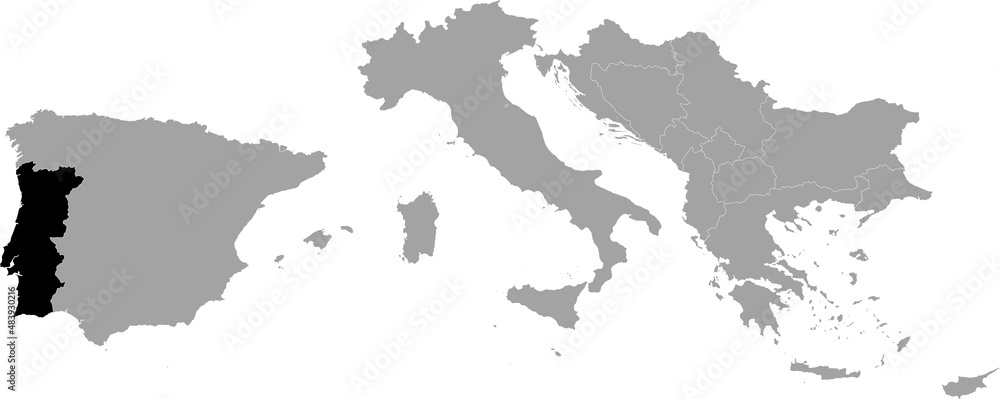 Black Map of Portugal within the gray map of South Europe