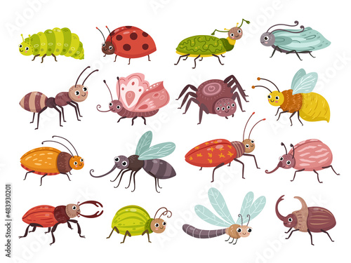 Cartoon cute beetle. Little bug, insects funny characters. Children gardening wild animal. Isolated insect flying. Ladybug, dragonfly and spider, neoteric vector clipart © LadadikArt