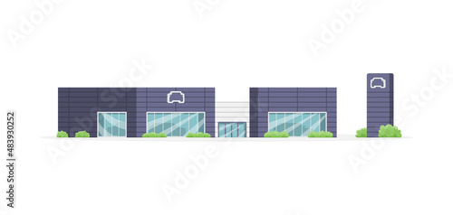 Automobile retail salon building exterior isometric vector illustration. Car dealership showroom and service station new auto on display and test drive exhibition. Transportation repair distribution