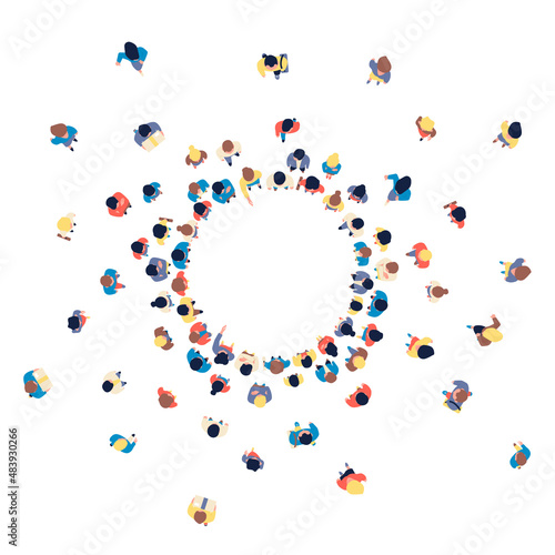 Top view people in circle. Person crowd, group human background. Festival or demonstration, isolated community. Business public, recent vector concept