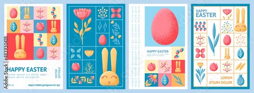 Easter geometric banners. Egg and rabbits, colorful plants with leaves and flowers. Minimal design modern spring patterns, happy festive bunny on swanky vector cards