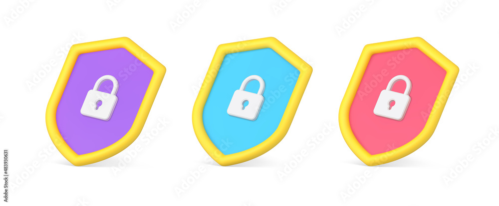 Collection heraldic insignia shield with closed padlock and hole for key isometric 3d vector Collection heraldic insignia shield with closed padlock and hole for key isometric 3d vector