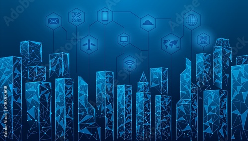 Technology city background. Futuristic skyscraper, smart blue buildings polygons. Big urban networking, internet architecture exact vector digital landscape