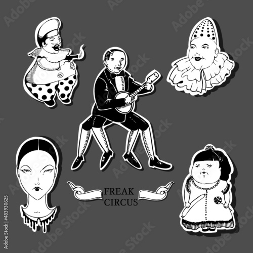 set of hand drawn vintage circus characters