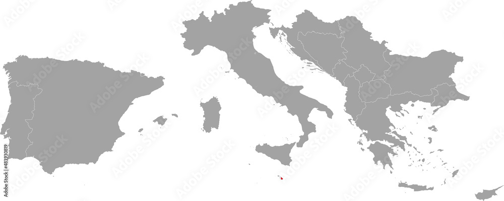 Map of Malta with national flag within the gray map of South Europe