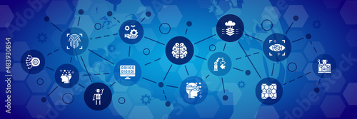 Artificial Intelligence vector icons illustration. Robotics, Chatbot, Database, Big Data typography banner with promotion line icons.