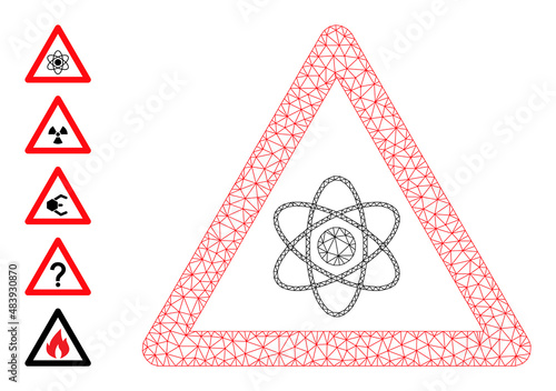 Vector atom warning mesh icon structure. Abstract 2d mesh atom warning, designed with flat mesh. Mesh carcass atom warning icon image in low poly style with combined lines and other objects.
