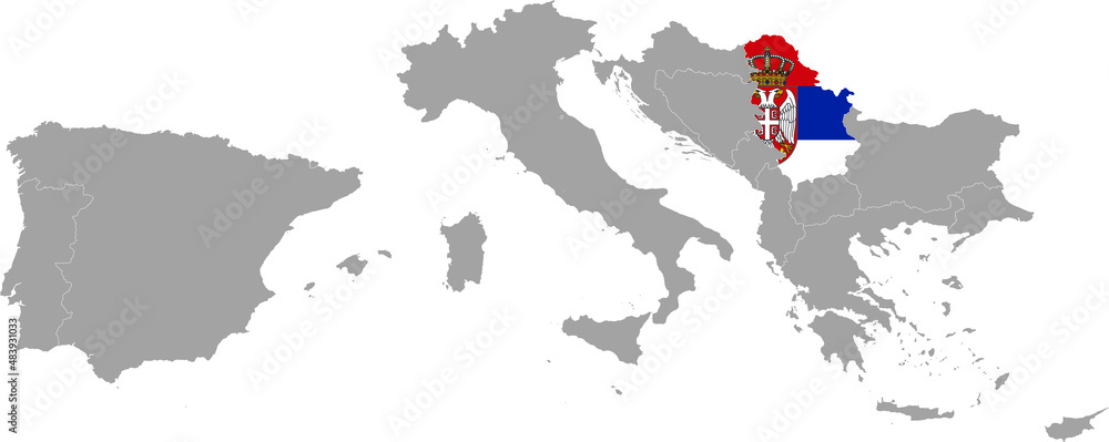 Obraz premium Map of Serbia with national flag within the gray map of South Europe