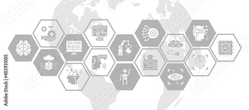 Artificial Intelligence web banner with icon set. Robotics, Chatbot, Database, Big Data illustration concept for business webpage, financial banner.