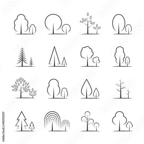 Trees and Forests vector icon set on a white background.