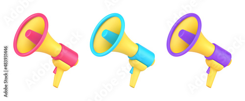 Collection bright decorative loudspeakers with handle and button for loud voice broadcasting 3d