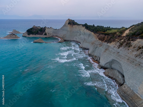 Aerial drone view of Beautiful Cape Drastis in the island of Corfu in Greece