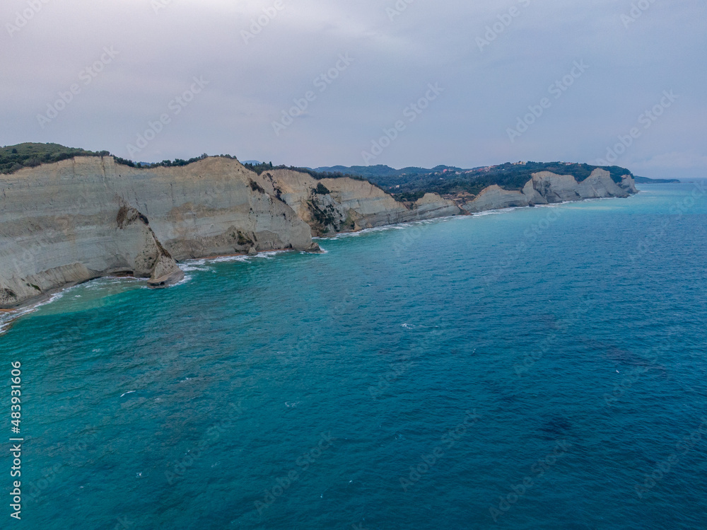 Aerial drone view of Beautiful Cape Drastis in the island of Corfu in Greece
