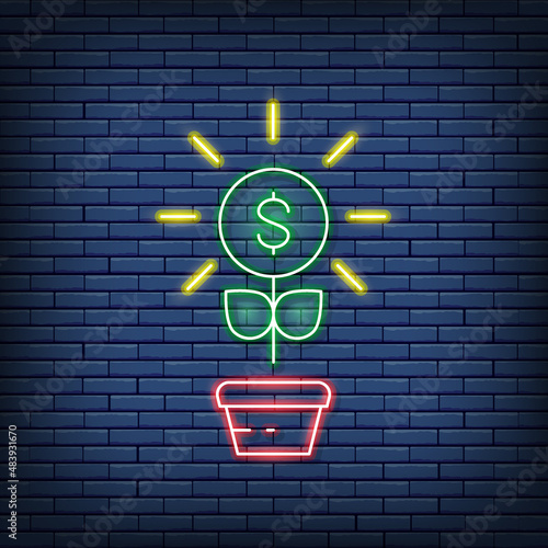 Vector money tree, financial investments, save money neon sign.