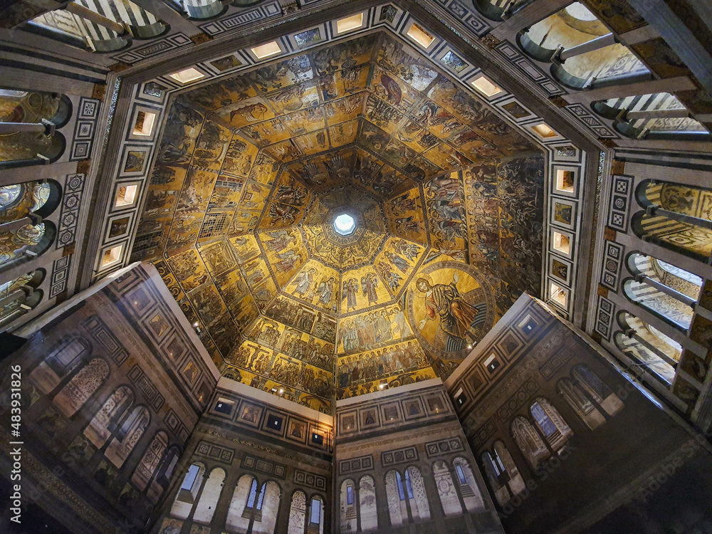 Panorama of the golden mosaic ceiling of the Florence Baptistery, also known as the Baptistery of Saint John, Florence, Italy