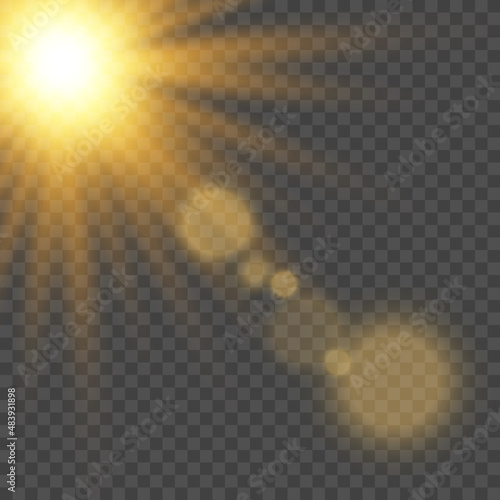 Sunlight on a transparent background. Falling sunlight with glare. Explosive flash with beam, star explosion. Light effect, golden glowing flash with golden sunbeams.