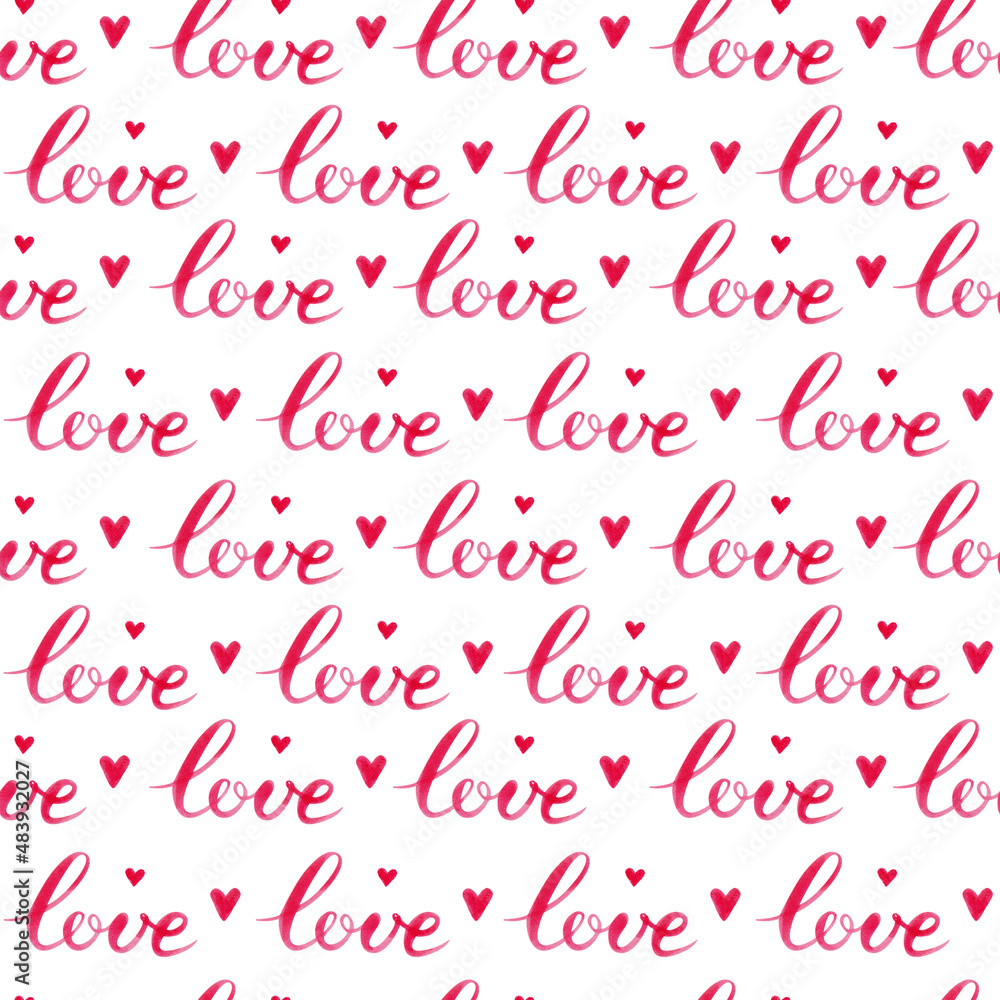 Seamless pattern: words love, simple red hearts on white. Romantic, tender design with lettering for wedding, saint valentine's day decor of textile, wrapping paper, card.