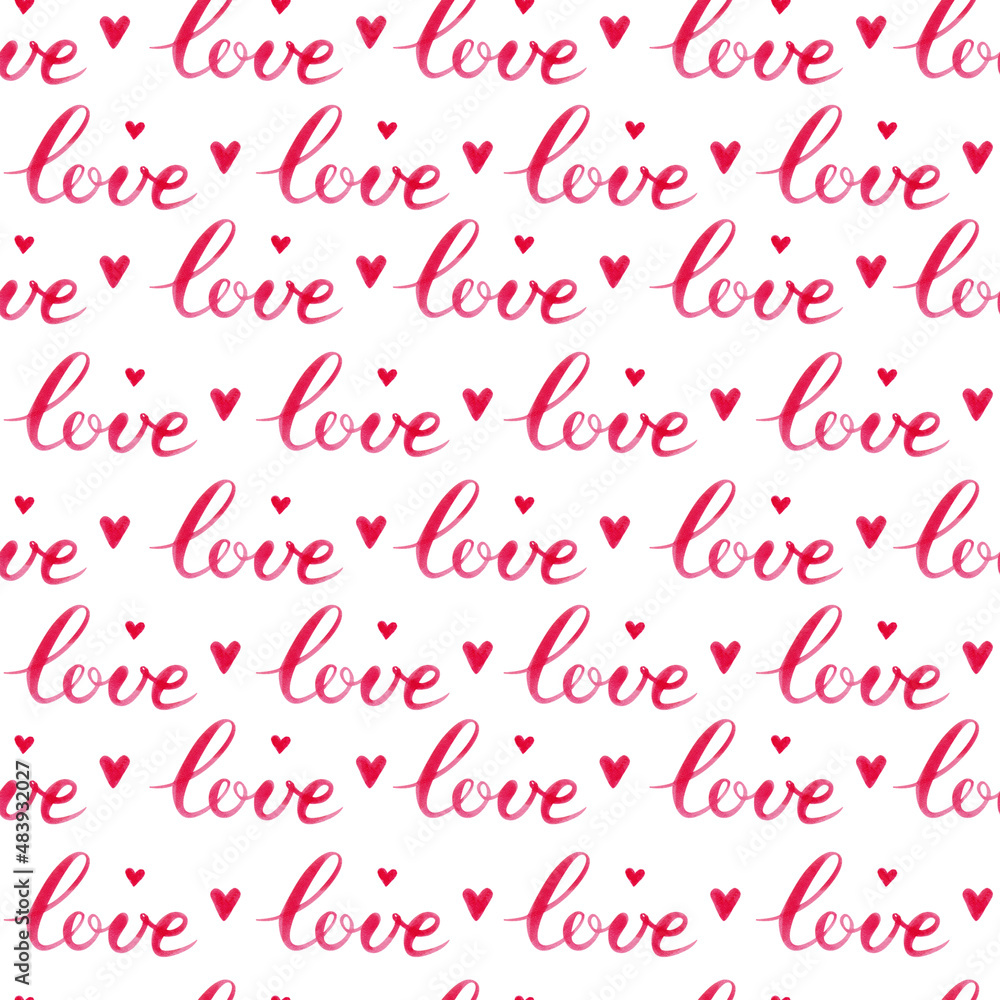 Seamless pattern: words love, simple red hearts on white. Romantic, tender design with lettering for wedding, saint valentine's day decor of textile, wrapping paper, card. Seamless pattern: words love, simple red hearts on white. Romantic, tender design with lettering for wedding, saint valentine's day decor of textile, wrapping paper, card.