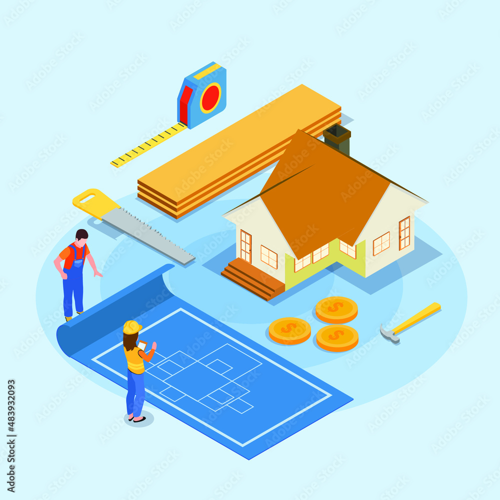 Fototapeta premium Home builder isometric 3d vector concept for banner, website, illustration, landing page, flyer, etc.