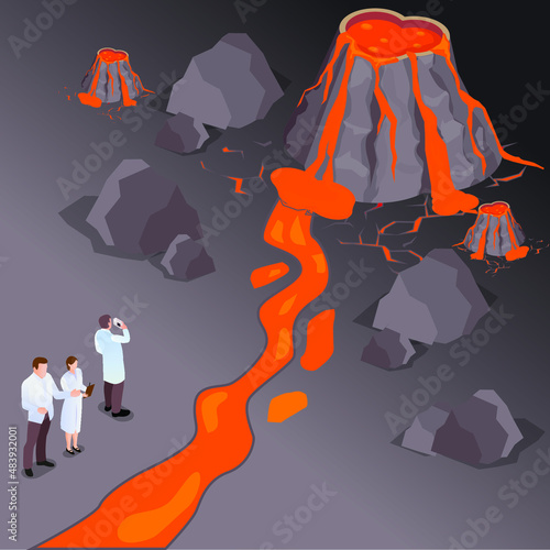Volcano eruption study isometric 3d vector concept for banner, website, illustration, landing page, flyer, etc.