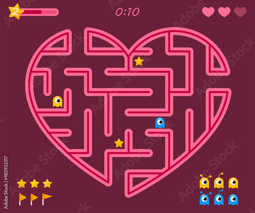 Heart labyrinth video game. Happy Valentine's Day concept. Pink maze heart casual video game on vinous background. Valentine's Vector Illustration