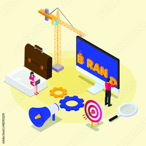 Creative people working on product branding isometric 3d vector concept for banner, website, illustration, landing page, flyer, etc.