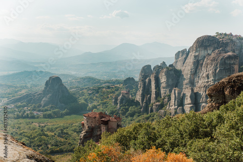 Beautiful panoramic view in the mountains. Monasteries in meteora, Greece