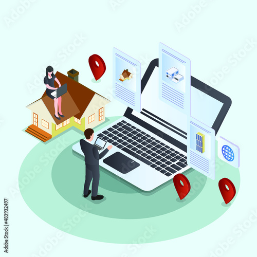 Searching new property online isometric 3d vector concept for banner, website, illustration, landing page, flyer, etc.