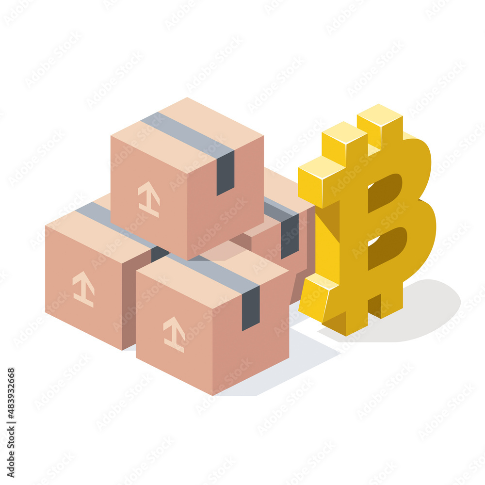 Fototapeta premium Carton box packing bitcoin cryptocurrency. Vector 3d line isometric, color web icons, new flat style. Creative design idea for infographics.