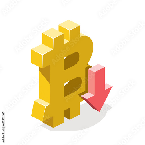 Bitcoin cryptocurrency arrow down. Vector 3d line isometric, color web icons, new flat style. Creative design idea for infographics.