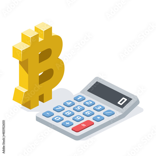 Bitcoin cryptocurrency calculator. Vector 3d line isometric, color web icons, new flat style. Creative design idea for infographics.
