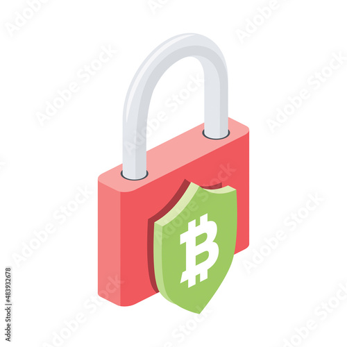 Lock, security shield, bitcoin cryptocurrency. Vector 3d line isometric, color web icons, new flat style. Creative design idea for infographics.
