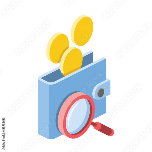 Wallet coins magnifying glass. Vector 3d line isometric, color web icons, new flat style. Creative design idea for infographics.