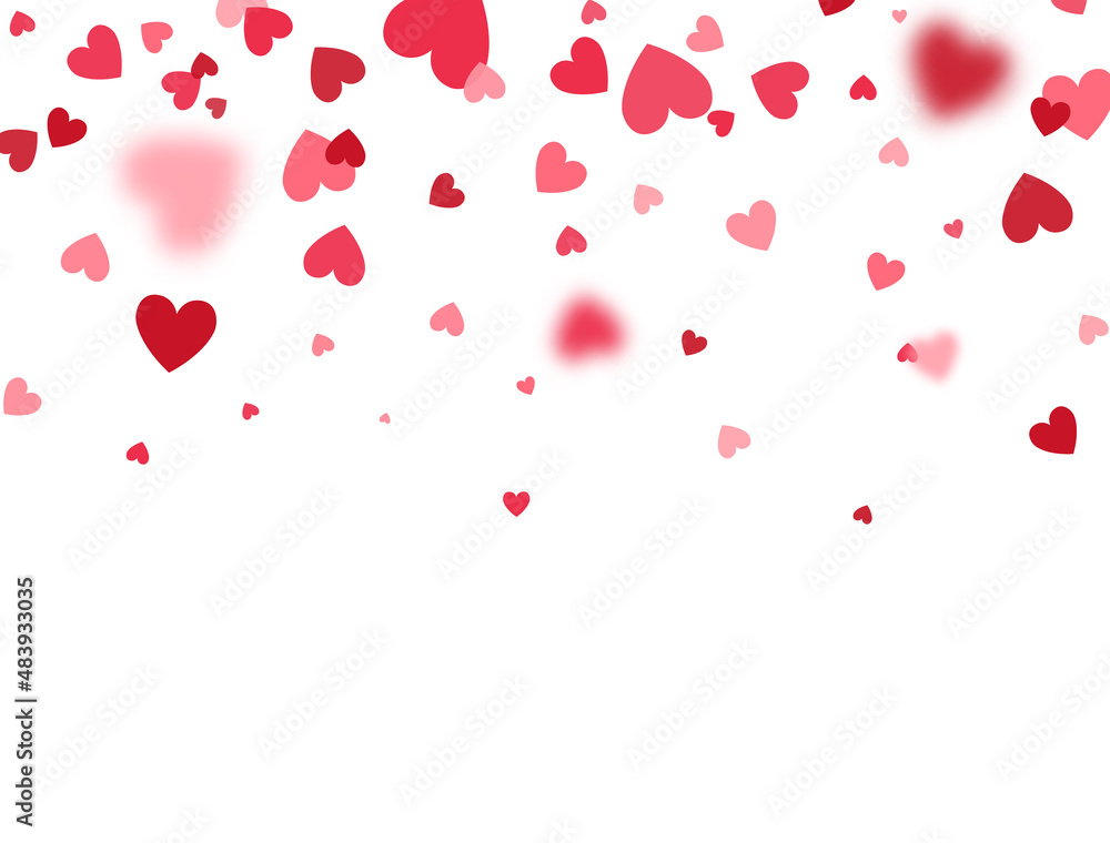 Heart confetti frame. Celebration backdrop. Bright hearts falling on white background. Valentines Day banner for greeting cards, wedding invitation, gift packages. Vector illustration