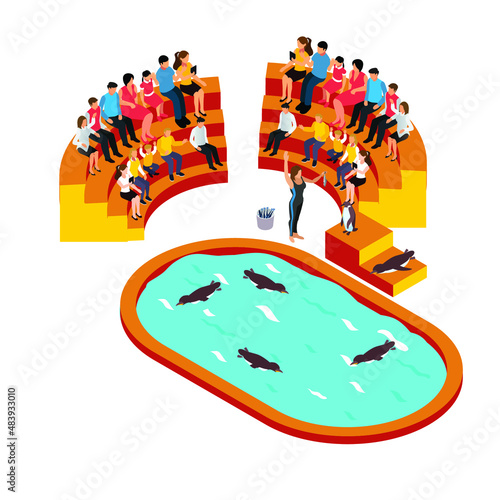 Dolphin show isometric 3d vector concept for banner, website, illustration, landing page, flyer, etc.