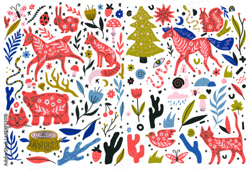 scandinavian forest vector illustration set simple doodles with nature theme and wild animals. deer horse fox bear , mushrooms and plants simple flat design. scandi artwork, cute drawings for kids