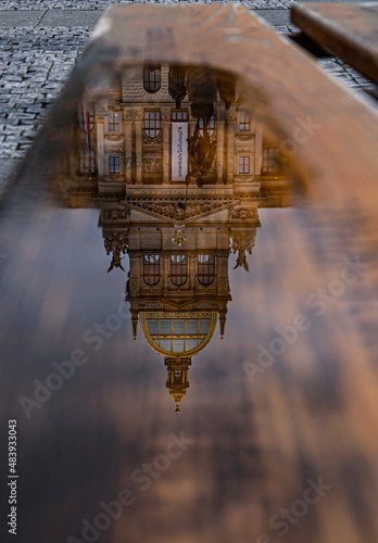 National Museum in reflection on the bench