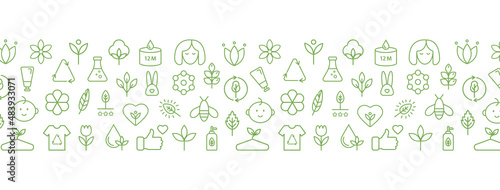 Natural and organic cosmetic line icon on long banner. GMO free. Recycle, reuse, reduce logo. Beauty product. Hypoallergenic, safe for children, clean, non toxic. Eco, vegan, bio. Vector illustration photo