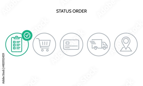 Shopping process, 5 successive steps. Order parcel processing delivery icon, Track, delivery, trace processing status sign, Stages of product tracking progress bar, element design, Vector illustration