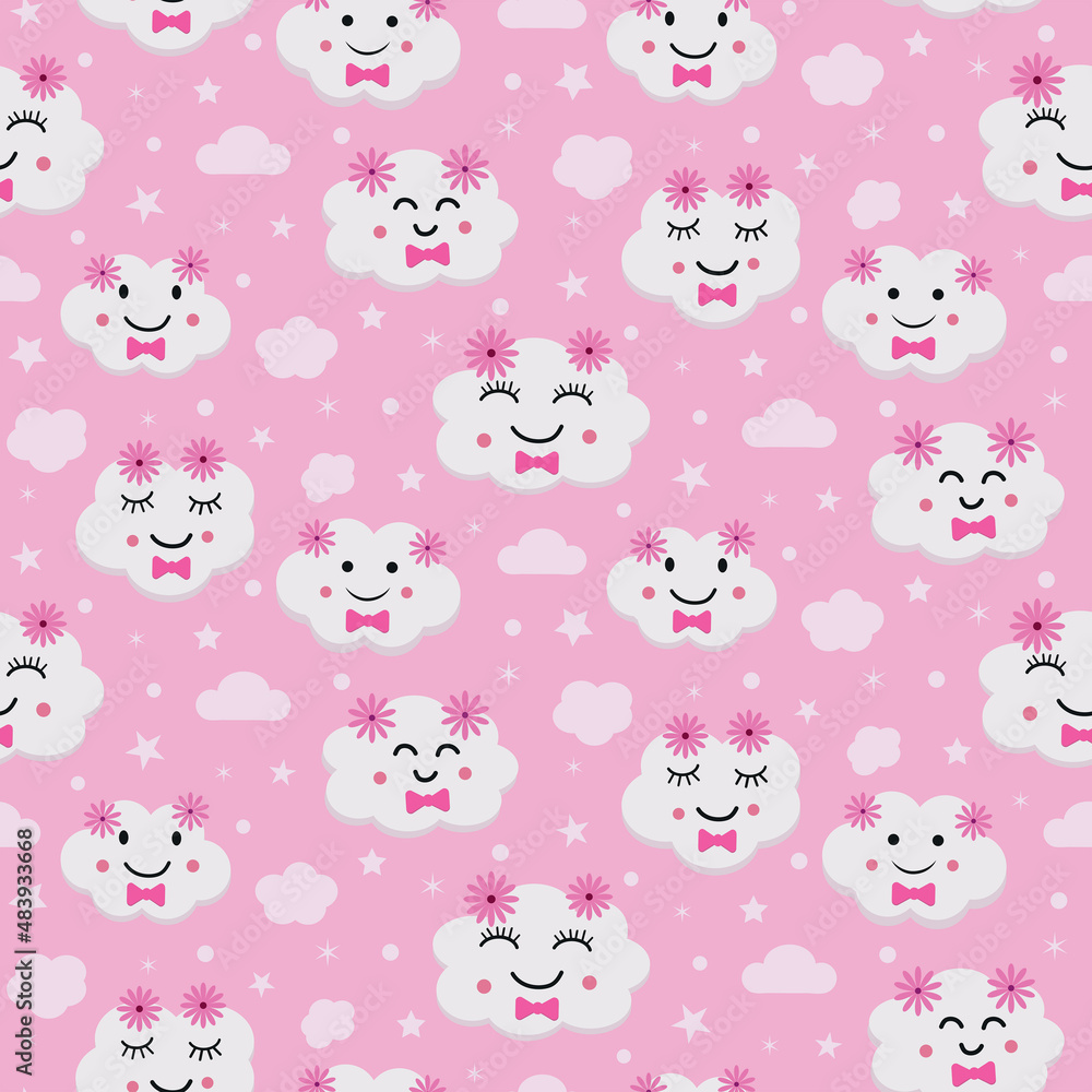Cute little white clouds seamless pattern with flowers and bow tie on plush pink background. Great for kids textile, baby shower and nursery wall 