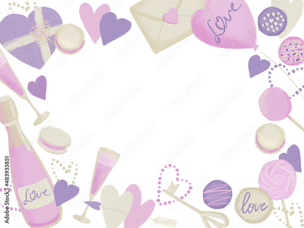 Romantic frame with love illustration background for Valentine holiday card in pink purple color Romantic frame with love illustration background for Valentine holiday card in pink purple color