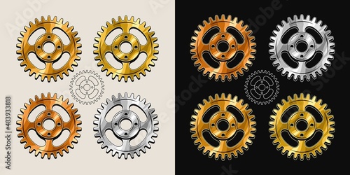Gold, brass, copper, steel polished gears in vintage style. Base shape of gears with editable strokes. Good for decoration in steampunk style. Vector.