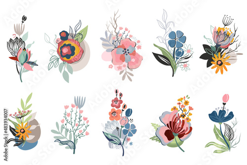 Vector collection of hand drawn compositions with flowers