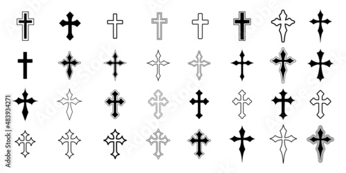 Set of Christian Cross Vector Icons. Religious Jesus Symbol.