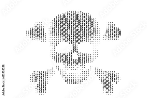 skull with bones in binary code stream on black background.concept of hacker attack, cyber piracy.